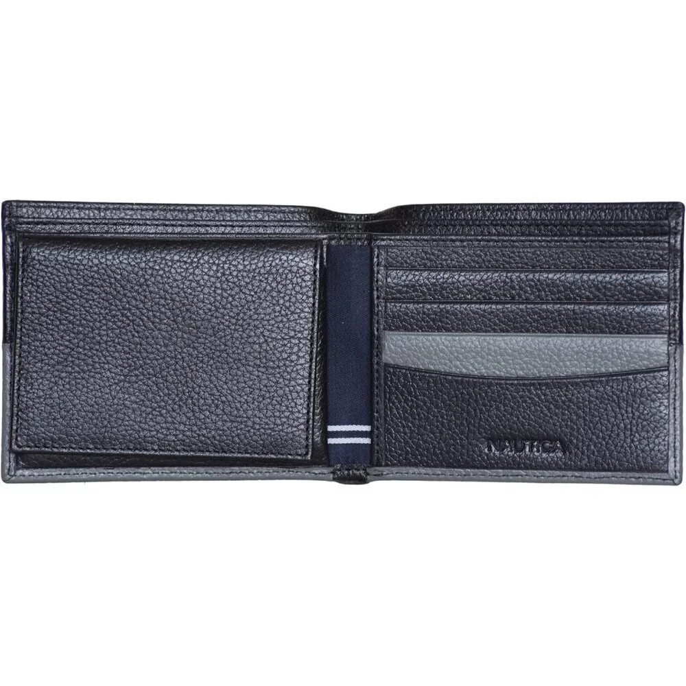 Men's Black/Grey Bifold Leather Wallet RFID Blocking ID Window Card Slots